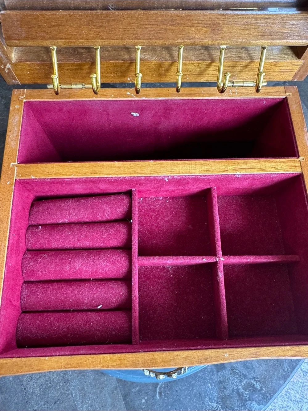 Vintage Wood Jewelry Box red lined